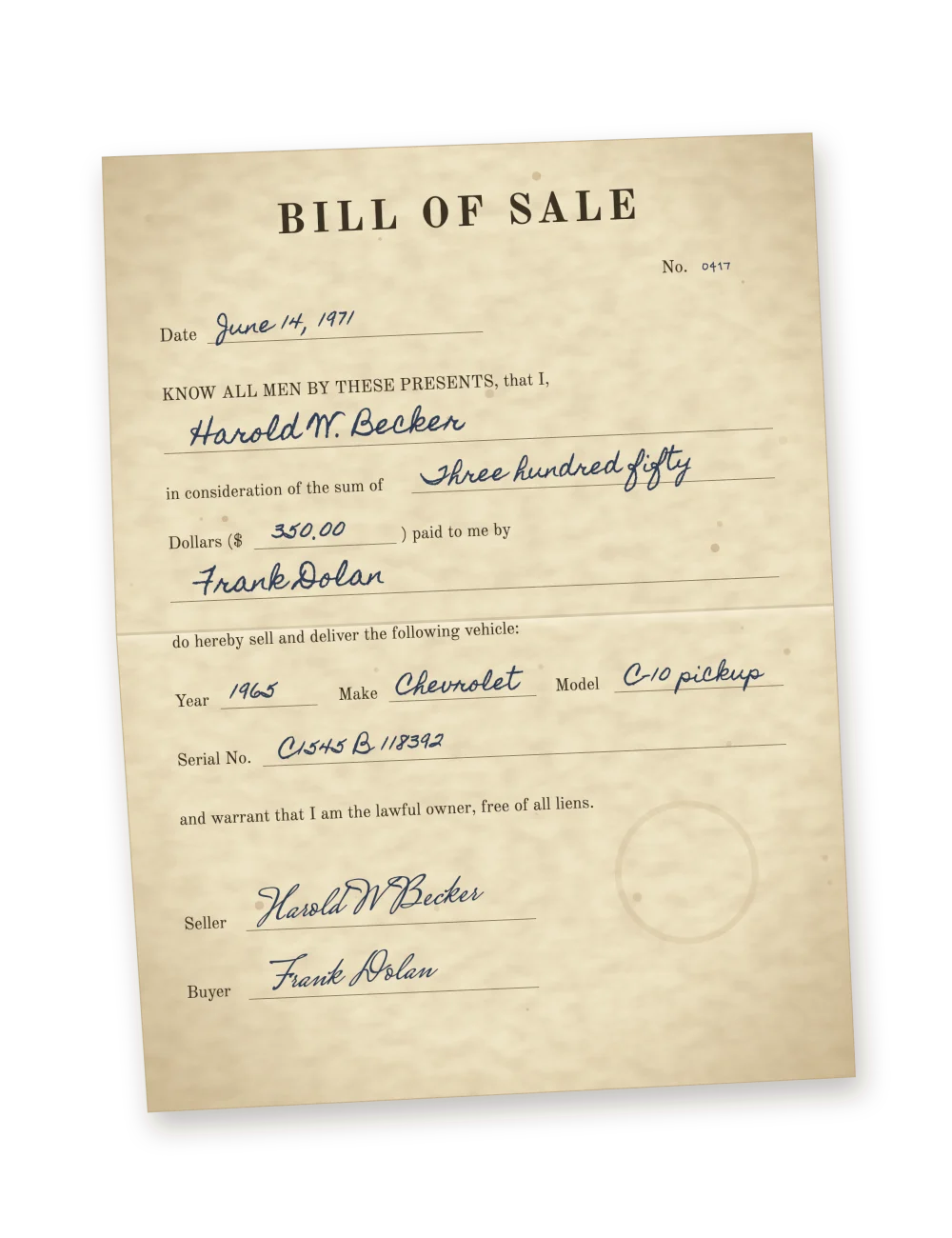 An old handwritten bill of sale for a 1965 Chevrolet pickup