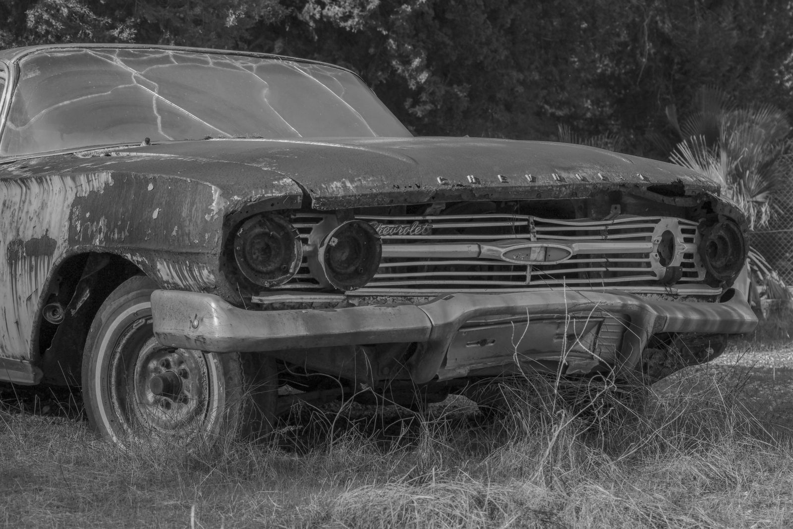 Front end of an old Chevrolet in a field, photographed in black and white