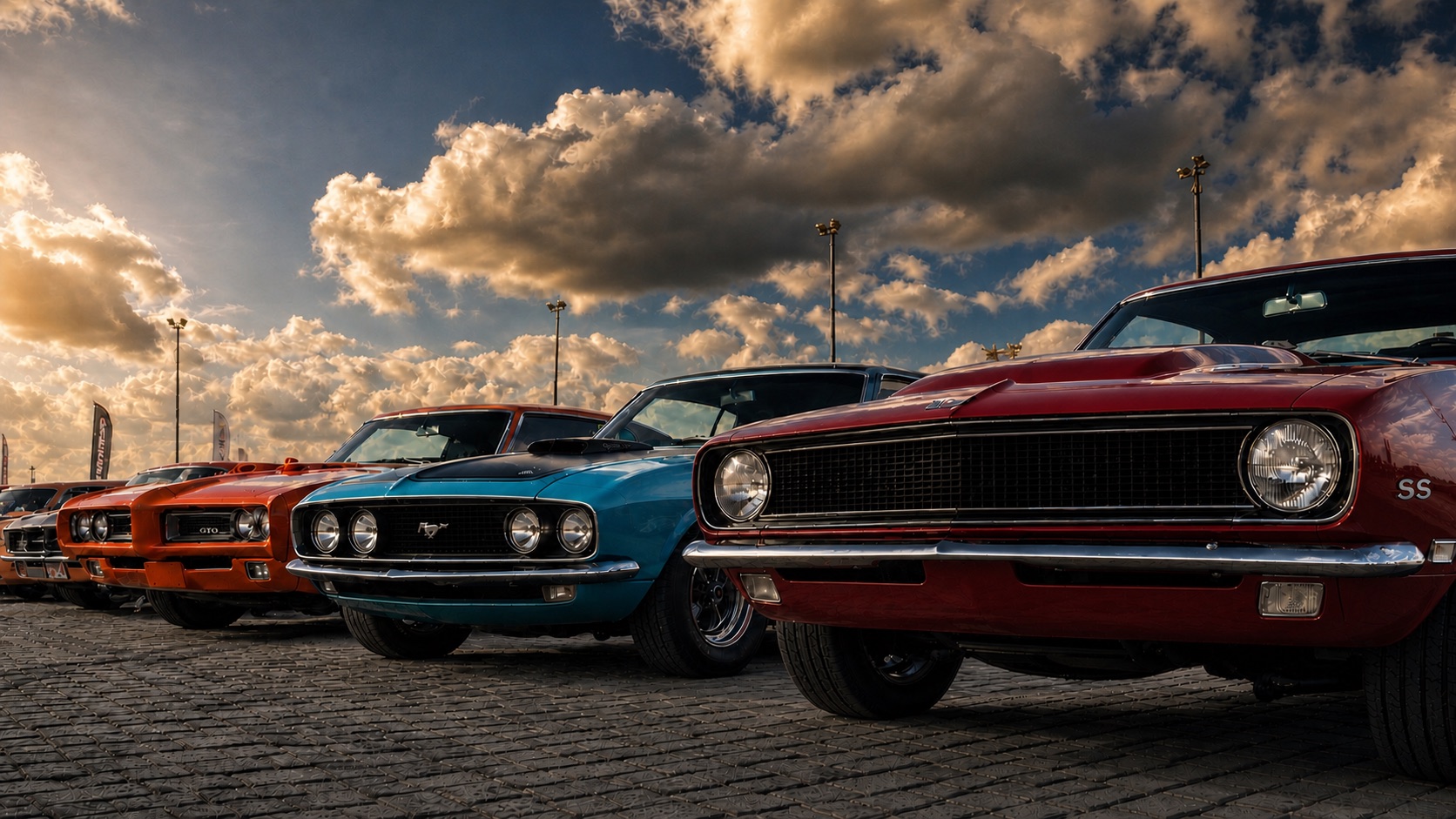 A row of classic American muscle cars parked nose-out on brick at golden hour, chrome grilles and headlights catching low sun under a big cloudy sky