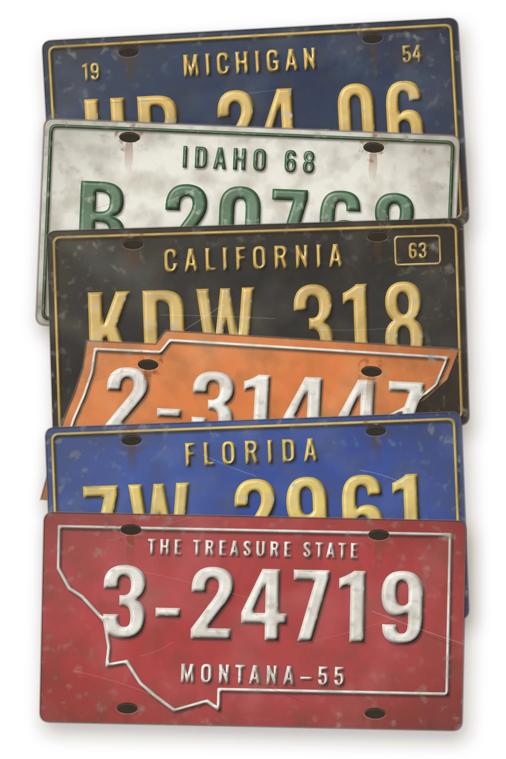 A stack of six weathered vintage license plates: Michigan 1954, Idaho 1968, California 1963, Tennessee 1951 and Florida 1960, with a red 1955 Montana plate on top